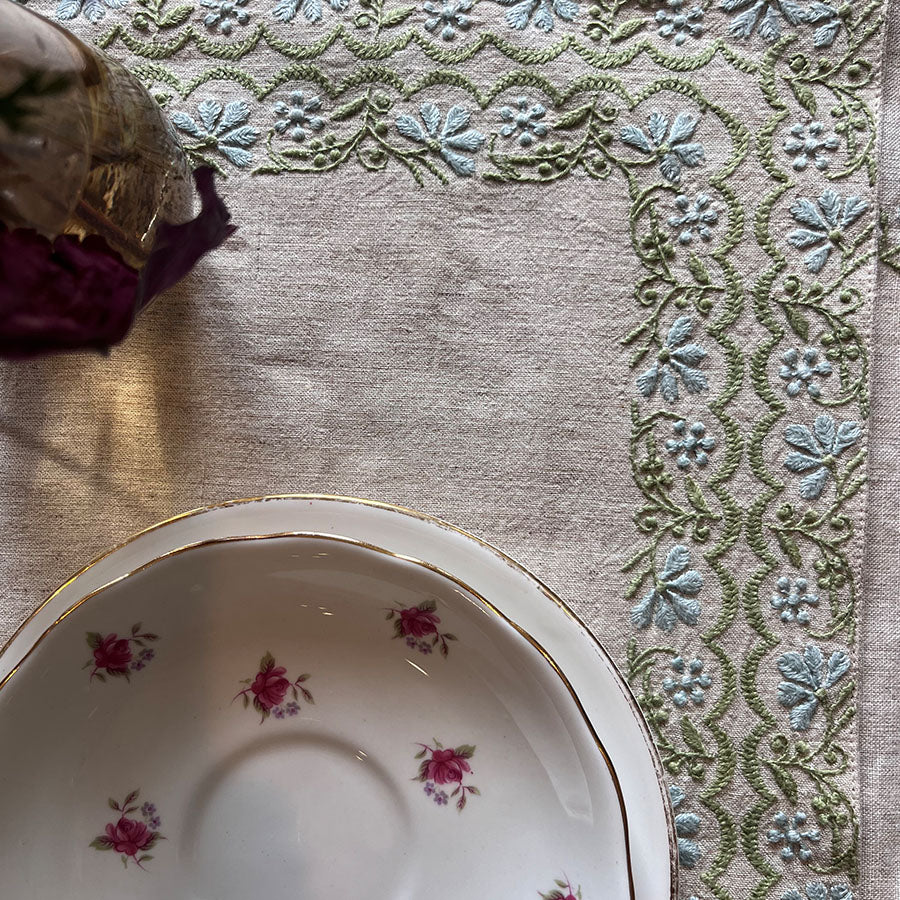 Bageecha Chikankari placemat detailing on soft linen