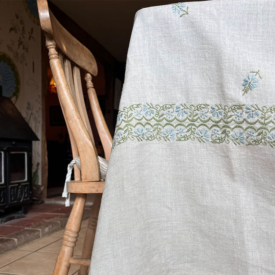 Bageecha Chikankari tablecloth in linen with hand embroidery