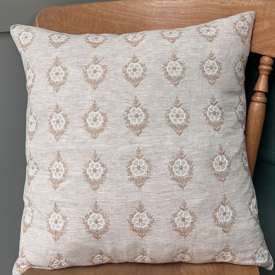 Cushion cover with bela chikankari embroidery on a natural linen fabric