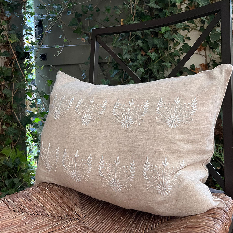 Blossom Chikankari cushion cover with white hand embroidery