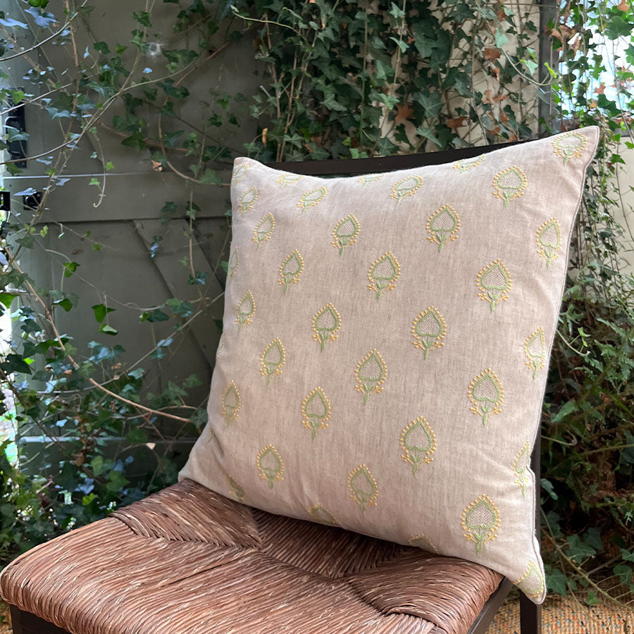 Mogra Chikankari cushion cover with green and yellow embroidery
