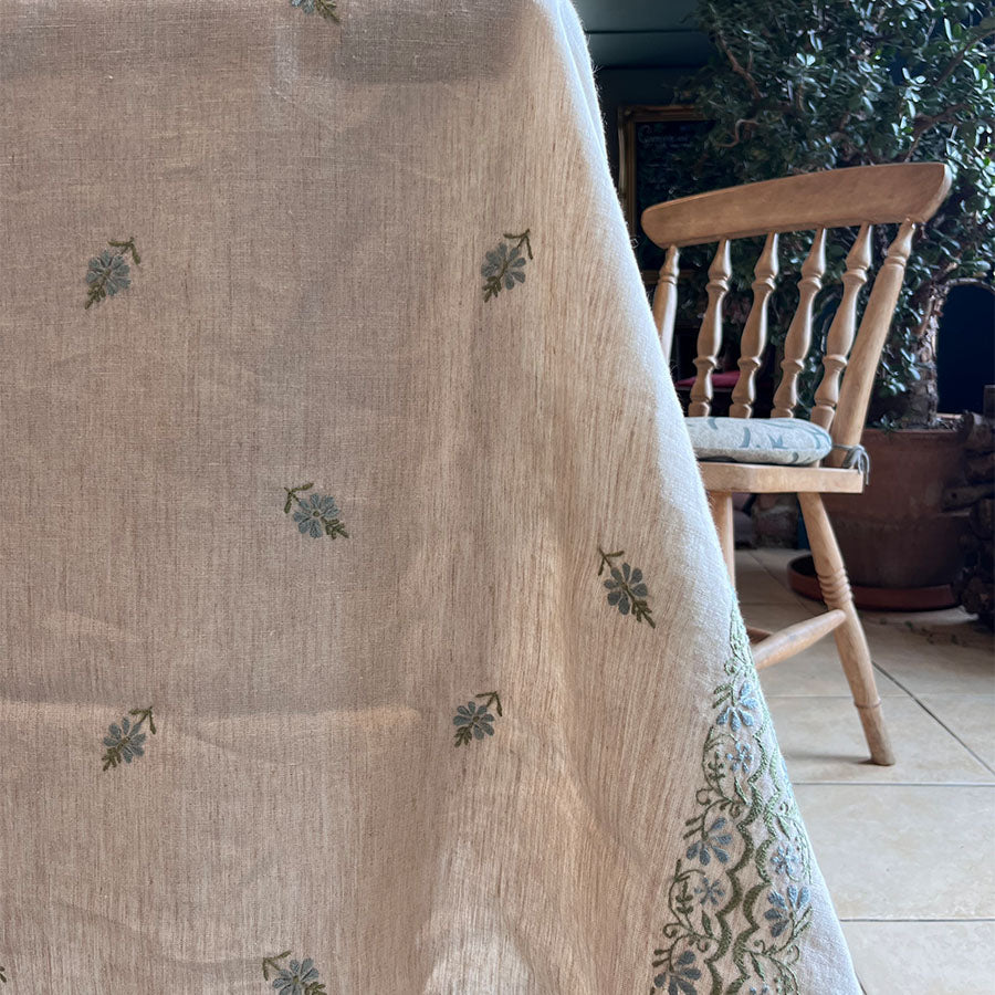Bageecha Chikankari tablecloth with close-up of hand embroidery