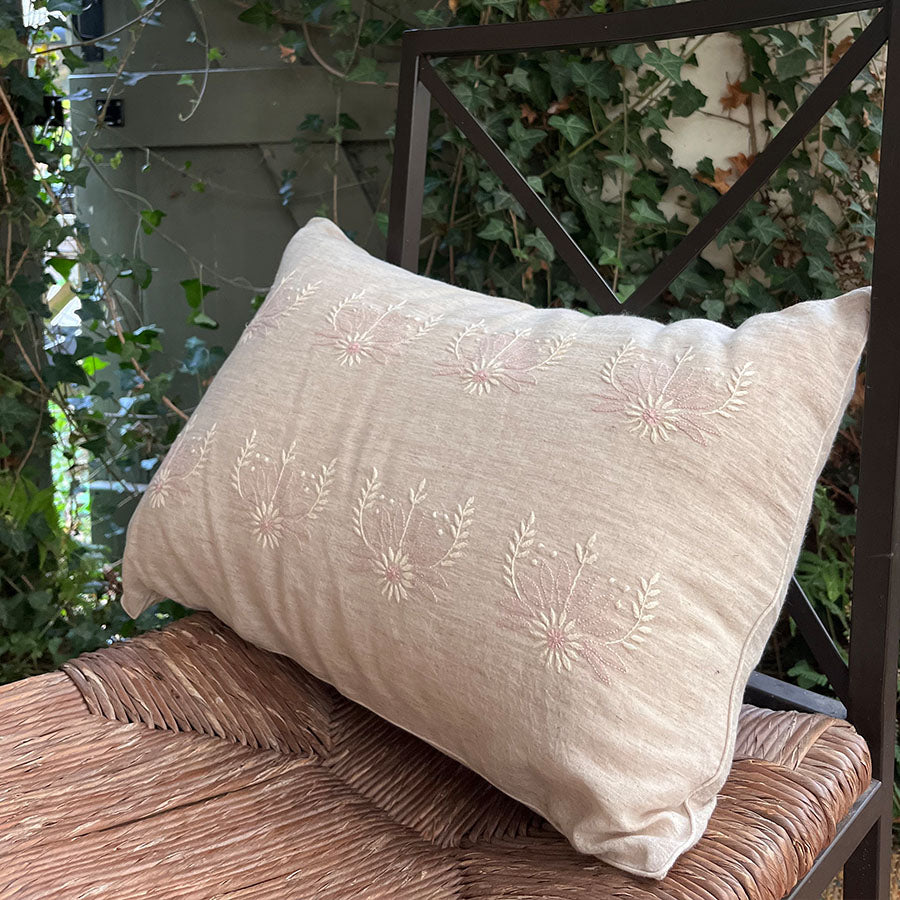 Blossom Chikankari cushion cover with pink & white hand embroidery