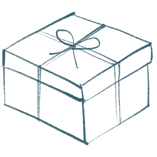 Outline of a gift box with a bow on a white background