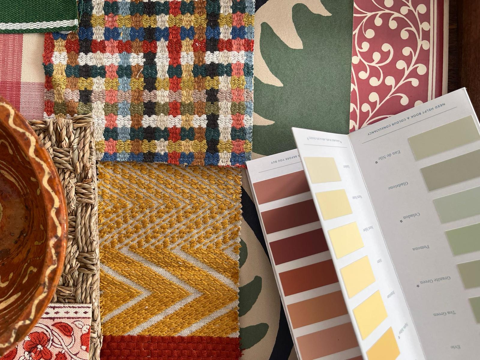 Collection of fabric swatches with various patterns and a color chart.