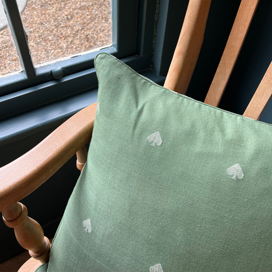 Jade Jamdani cushion cover with white spade motifs 