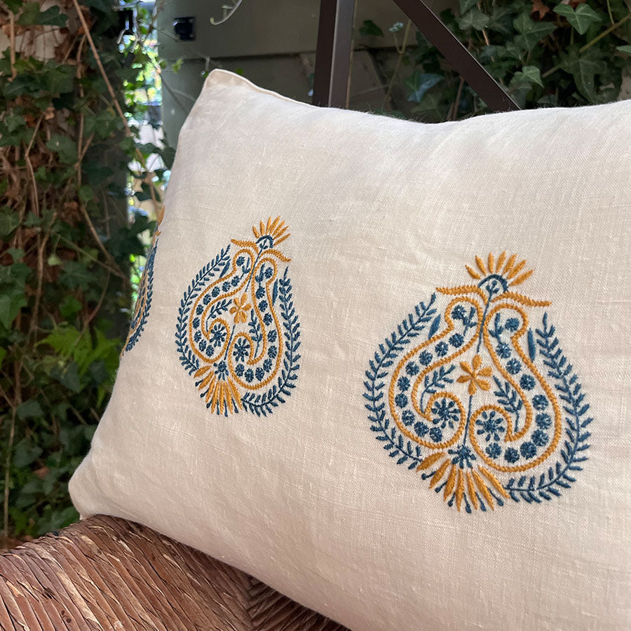 Kesar Chikankari cushion detailing in fine stitches