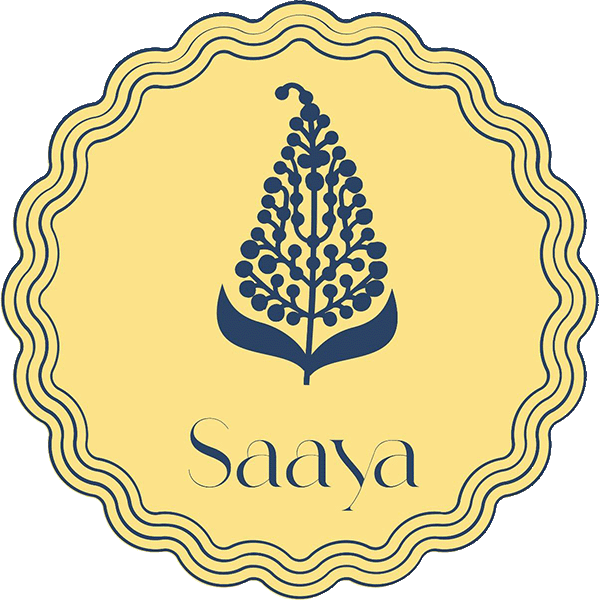 Logo of Saaya with a blue leaf design on a yellow background