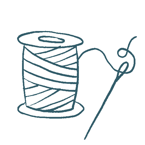 Outline of a spool of thread and needle on a white background