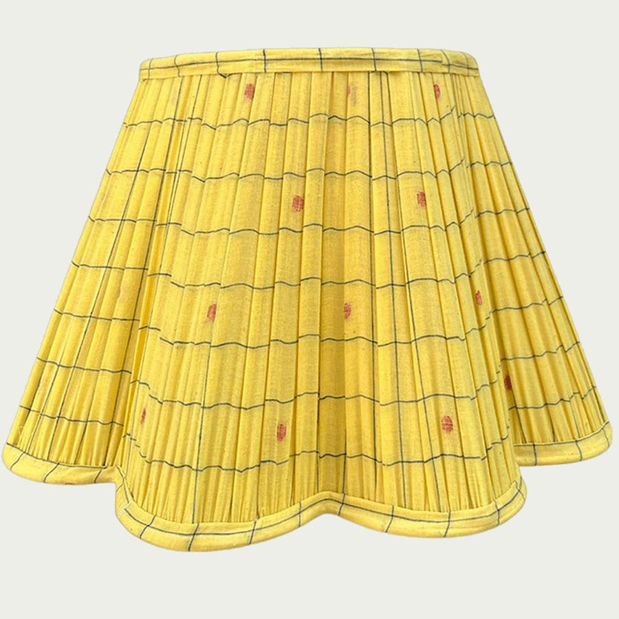 Warm yellow Jamdani lampshade with handwoven red motifs and scalloped edges